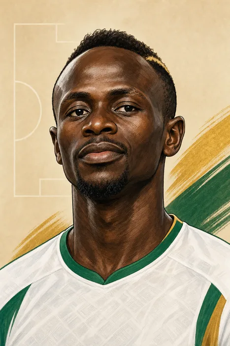 Editorial illustrated head-and-shoulders portrait of Sadio Mané with subtle football cues.