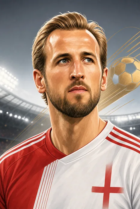 Illustrated head-and-shoulders portrait of Harry Kane in a football kit, with subtle football and goalscoring cues.