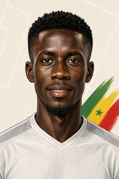 Illustrated head-and-shoulders portrait of Senegalese football midfielder Idrissa Gana Gueye, with subtle football imagery.