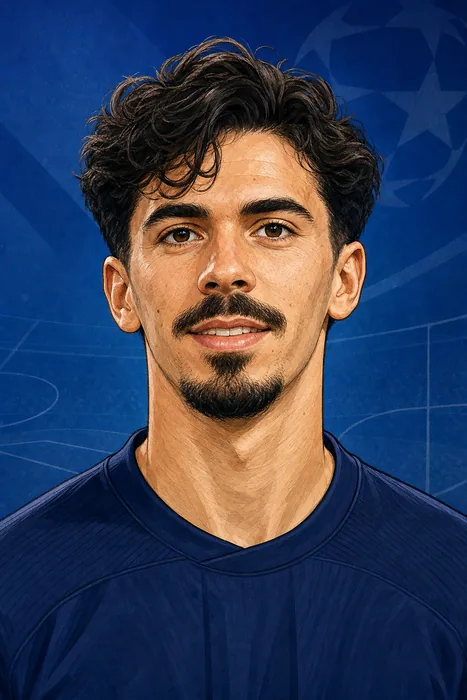 Illustrated head-and-shoulders portrait of Vitinha in a football shirt, with subtle midfield and European competition cues.