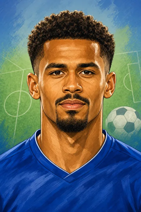 Illustrated head-and-shoulders portrait of footballer Iliman Ndiaye, with subtle football-themed background details.