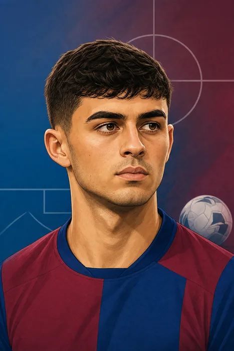 Illustrated head-and-shoulders portrait of Pedri with subtle football-themed background details.