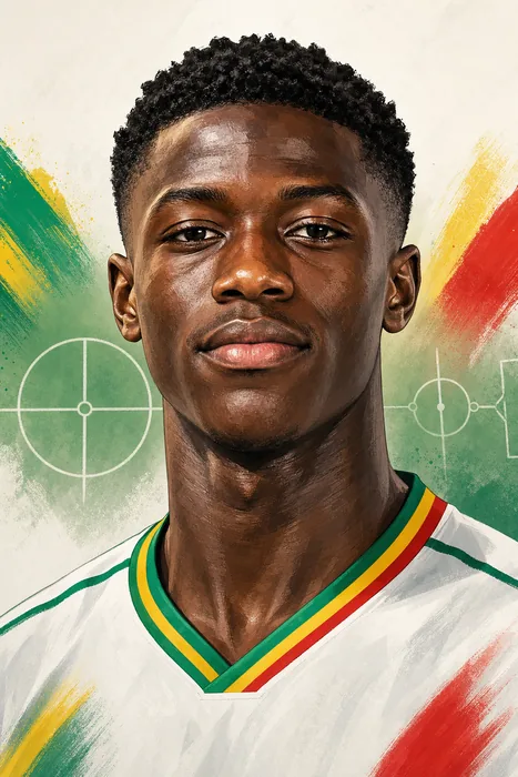 Illustrated head-and-shoulders portrait of Lamine Camara in a football kit, with subtle midfield and Senegal-linked visual cues.