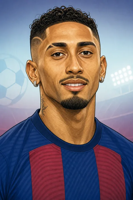 Illustrated head-and-shoulders portrait of Raphinha in FC Barcelona colors, with a subtle football motif.