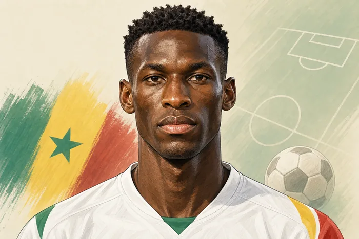 Illustrated head-and-shoulders portrait of footballer Nicolas Jackson with subtle football and Senegal-themed background cues.