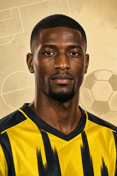 Illustrated head-and-shoulders portrait of footballer Serhou Guirassy in a Borussia Dortmund-inspired yellow and black kit, with a subtle football background.