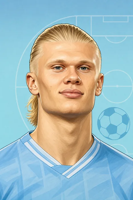 Illustrated head-and-shoulders portrait of Erling Braut Haaland, shown as a football forward with a subtle football-themed background.