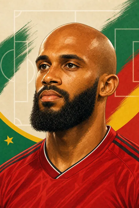 Illustrated head-and-shoulders portrait of footballer Bryan Mbeumo in a Manchester United-style red football shirt, with subtle Cameroon-inspired color accents in the background.