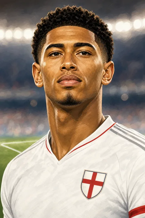 Illustrated head-and-shoulders portrait of footballer Jude Bellingham in a Real Madrid-style white kit, with a subtle football-stadium backdrop.