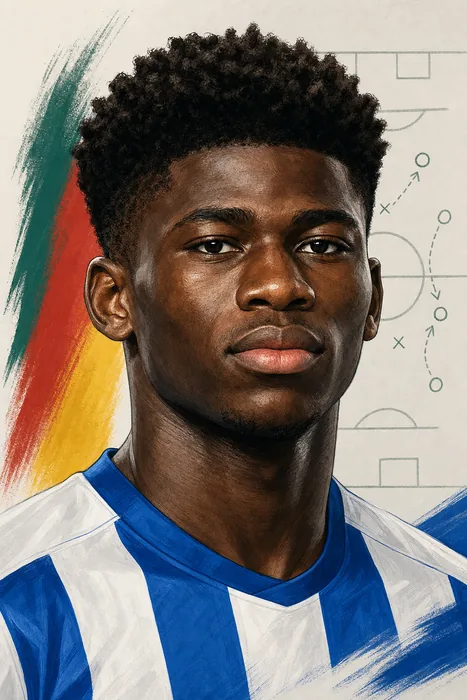 Illustrated head-and-shoulders portrait of Carlos Baleba with subtle football-themed background cues.