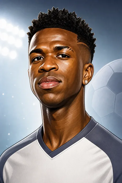 Illustrated head-and-shoulders portrait of Vinícius Júnior in football attire, with subtle club and international football cues.