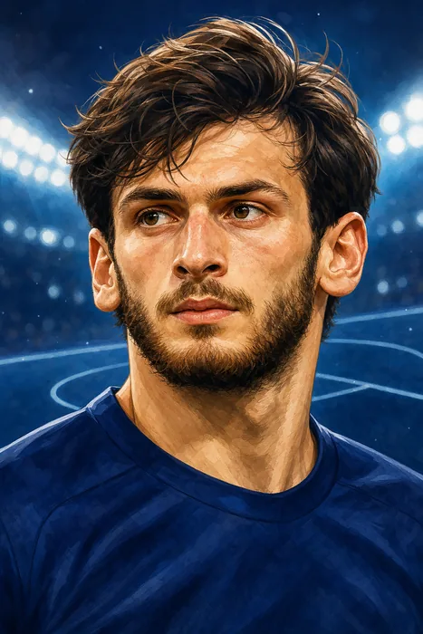 Illustrated head-and-shoulders portrait of Khvicha Kvaratskhelia in a football shirt, with a subtle stadium backdrop.