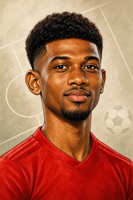Illustrated head-and-shoulders portrait of Amad Diallo in football attire, with subtle football-themed background cues.