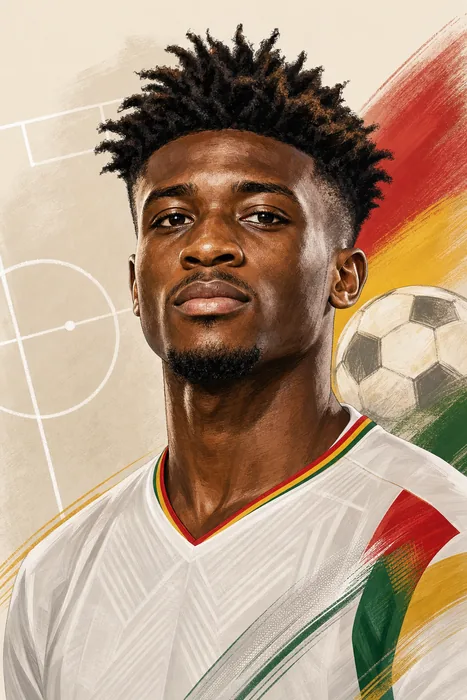 Illustrated head-and-shoulders portrait of Mohammed Kudus with subtle football-themed background cues.