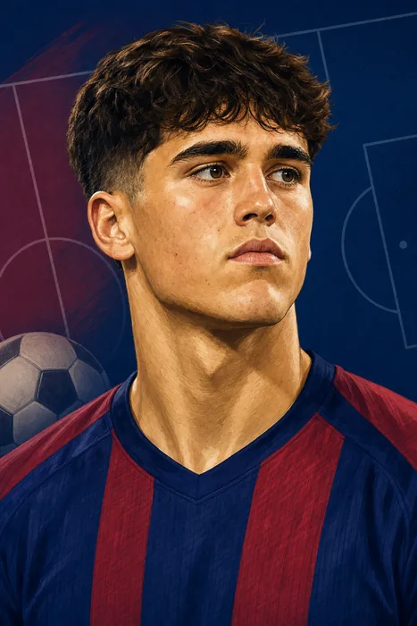 Illustrated head-and-shoulders portrait of Pau Cubarsí Paredes, a Spanish professional football defender.