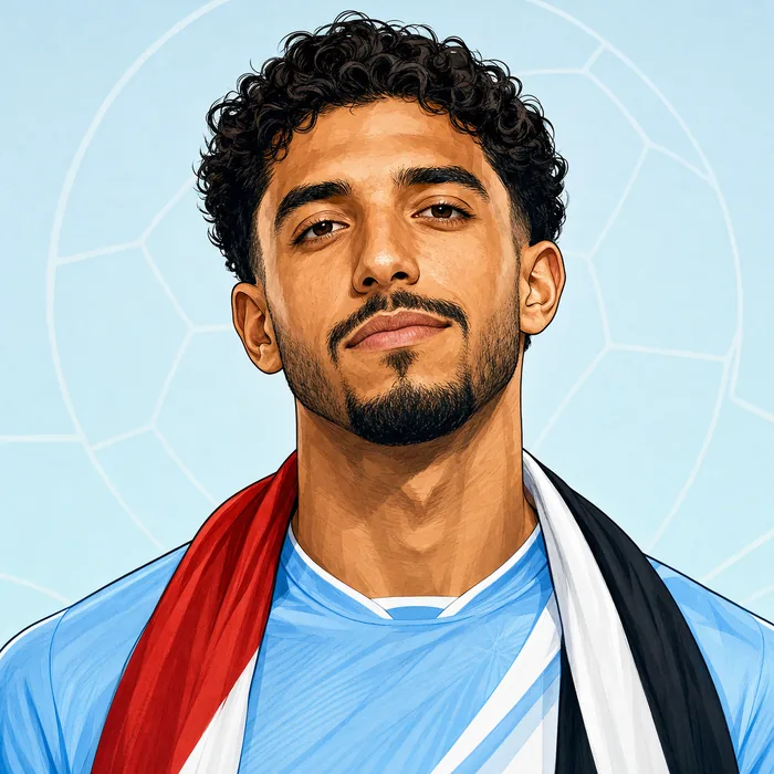 Illustrated head-and-shoulders portrait of Omar Marmoush in football attire, with subtle Manchester City and Egypt-inspired color cues.