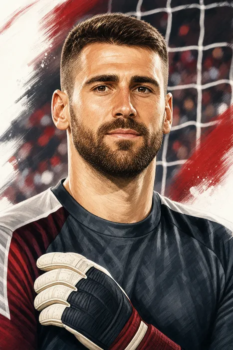 Illustrated head-and-shoulders portrait of Unai Simón Mendibil in goalkeeper attire, with subtle football cues.