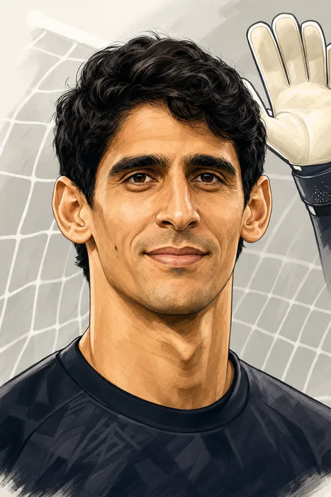 Illustrated head-and-shoulders portrait of Yassine Bounou in goalkeeper attire, with subtle football and goalkeeping cues.