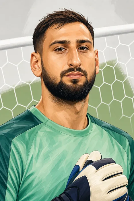 Illustrated head-and-shoulders portrait of Gianluigi Donnarumma in goalkeeper attire, with subtle football cues in the background.