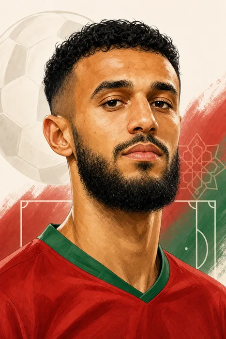 Illustrated head-and-shoulders portrait of football defender Noussair Mazraoui, with subtle football and Morocco-inspired cues.