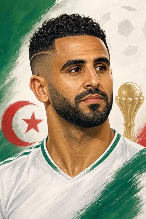 Illustrated head-and-shoulders portrait of Riyad Mahrez with subtle football and Algeria-themed color cues.