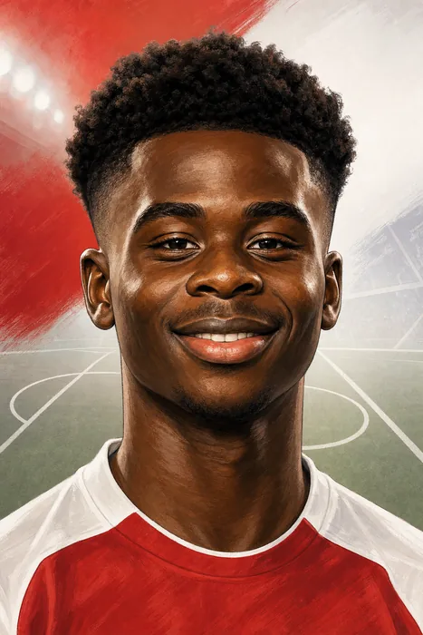 Illustrated head-and-shoulders portrait of footballer Bukayo Saka with subtle football-themed background cues.