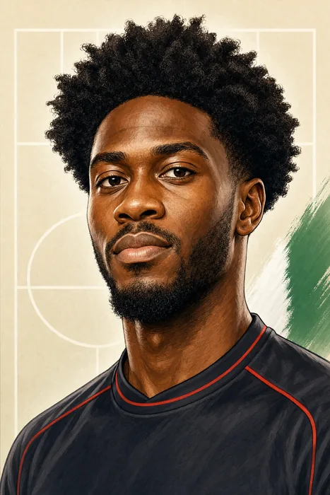 Illustrated head-and-shoulders portrait of Ola Aina in football attire, with subtle pitch-inspired background details.