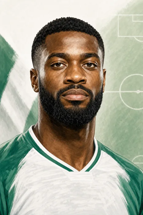 Illustrated head-and-shoulders caricature of Semi Ajayi in a football setting, with subtle Nigeria and defensive-play cues.