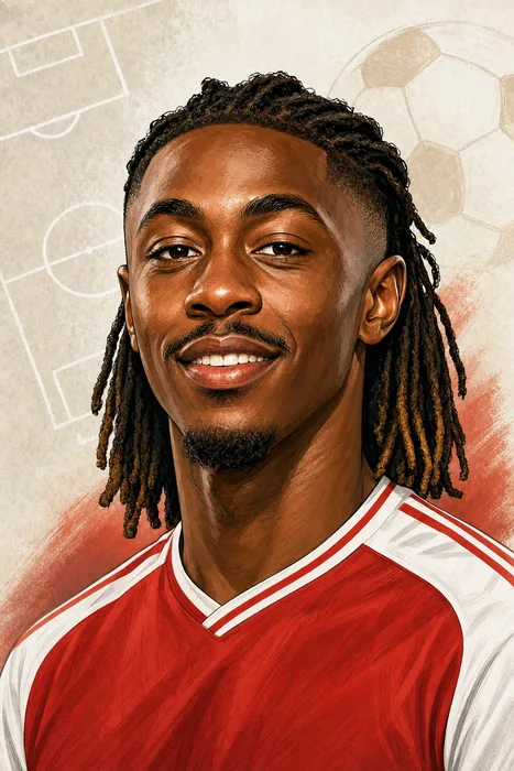 Illustrated head-and-shoulders portrait of footballer Eberechi Eze in an Arsenal-inspired red-and-white kit, with subtle football imagery.