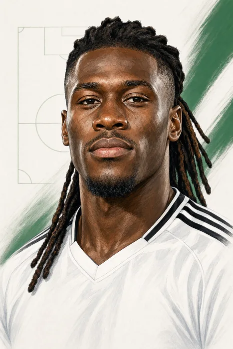 Illustrated head-and-shoulders portrait of football defender Calvin Bassey in a neutral Fulham-inspired kit, with subtle football imagery.