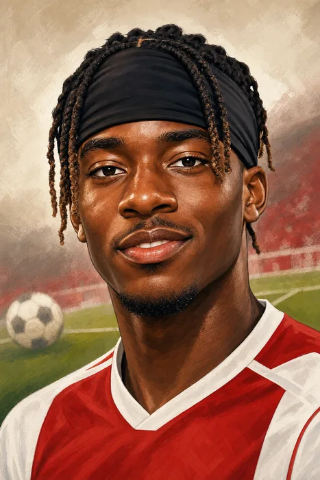 Illustrated head-and-shoulders portrait of Noni Madueke in a football kit, with a subtle football-themed background.