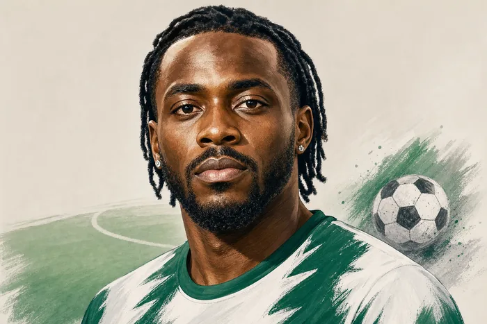 Illustrated head-and-shoulders portrait of footballer Bright Osayi-Samuel, with subtle football-themed background cues.
