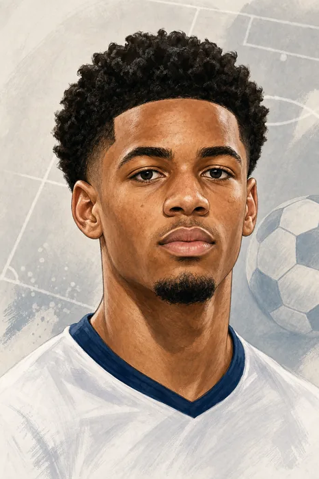 Illustrated head-and-shoulders portrait of footballer Ethan Nwaneri with understated football-themed background details.