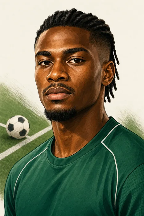 Illustrated head-and-shoulders portrait of Bruno Onyemaechi in football attire, with subtle defensive football cues.