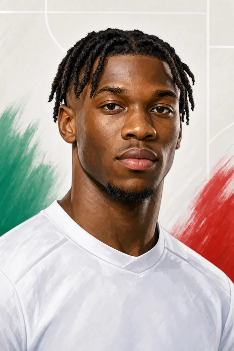 Illustrated head-and-shoulders portrait of Destiny Udogie in football attire, with subtle football-themed background cues.