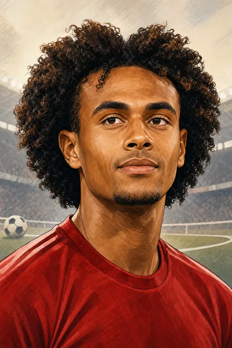 Editorial illustrated head-and-shoulders portrait of footballer Joshua Zirkzee, with subtle football-themed background elements.