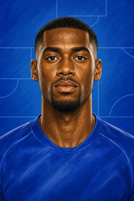 Illustrated head-and-shoulders portrait of footballer Tosin Adarabioyo in a Chelsea-inspired blue kit.