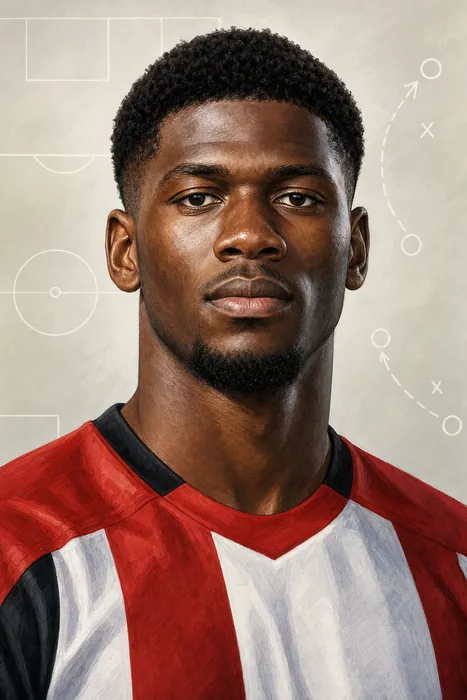 Illustrated head-and-shoulders portrait of Nigerian footballer Benjamin Chiemela Fredrick, with subtle football cues.