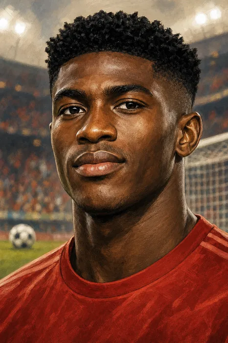 Illustrated head-and-shoulders caricature of Taiwo Awoniyi in a football setting, with a subtle stadium-inspired background.