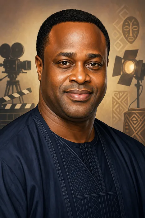Illustrated head-and-shoulders portrait of Femi Adebayo with subtle film-production imagery in the background.
