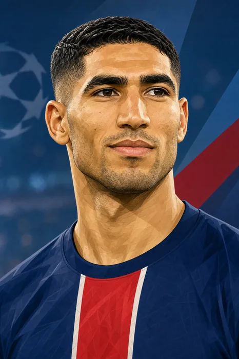 Illustrated head-and-shoulders portrait of Moroccan footballer Achraf Hakimi Mouh in a football kit, with a subtle stadium-inspired background.