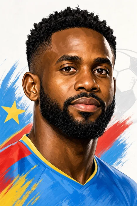 Illustrated head-and-shoulders portrait of football forward Cédric Bakambu with subtle Democratic Republic of the Congo football cues.