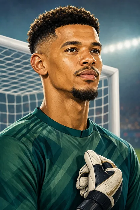 Illustrated head-and-shoulders portrait of Ronwen Williams in goalkeeper attire, with subtle football cues.