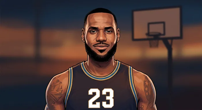 Illustrated head-and-shoulders caricature of LeBron James in a basketball jersey, with a subtle basketball-court backdrop.