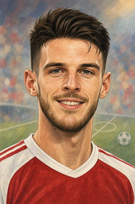Illustrated head-and-shoulders caricature of footballer Declan Rice in a red-and-white football shirt, with a subtle stadium-inspired background.