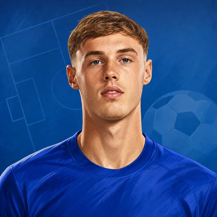 Illustrated head-and-shoulders portrait of Cole Palmer in a Chelsea-blue football shirt, with subtle football-themed background details.