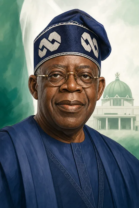 Illustrated head-and-shoulders portrait of Bola Ahmed Tinubu in formal presidential attire, with subtle Nigerian civic imagery in the background.