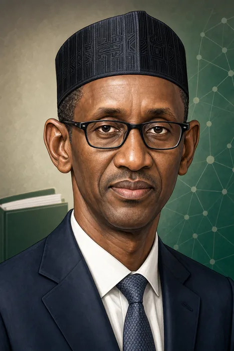 Illustrated head-and-shoulders portrait of Nuhu Ribadu in a formal public-service setting, with subtle security coordination cues.