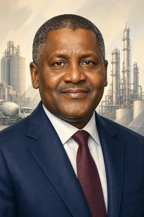 Illustrated head-and-shoulders portrait of Aliko Dangote with understated industrial background cues.