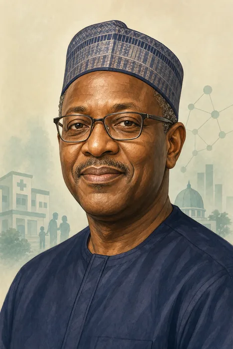 Illustrated head-and-shoulders portrait of Muhammad Ali Pate with subtle public-health and government-service visual cues.